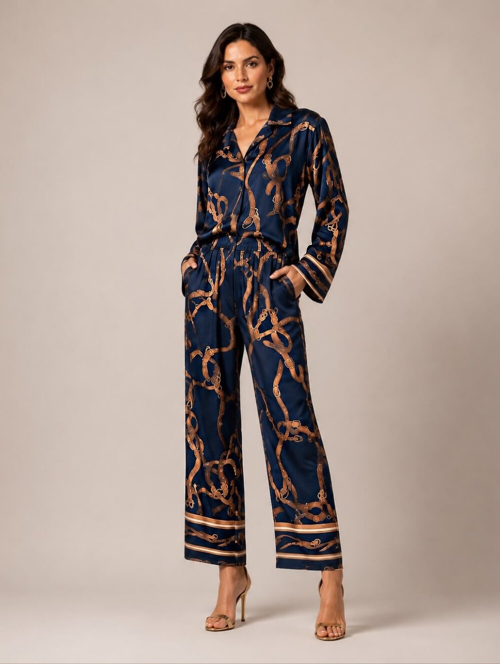 Made In Italy Rayon Viscose Silk-Feel Navy & Gold Printed Relaxed Pants Set